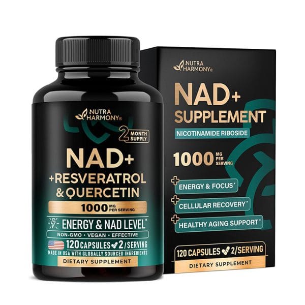 NUTRAHARMONY NAD+ Supplement with Resveratrol & Quercetin – 120 Capsules