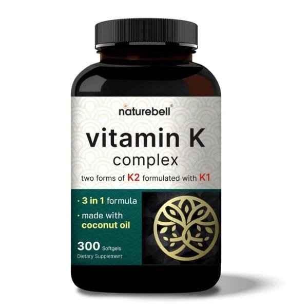 NatureBell Vitamin K Complex (K1 + K2 as MK-4 & MK-7) 2,600mcg Per Serving, 300 Coconut Oil Softgels